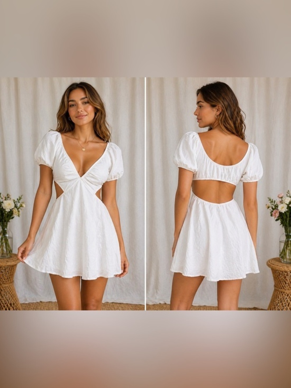 Sky to Moon White Puff Sleeve Cutout Romper | Cottagecore Open Back Large
